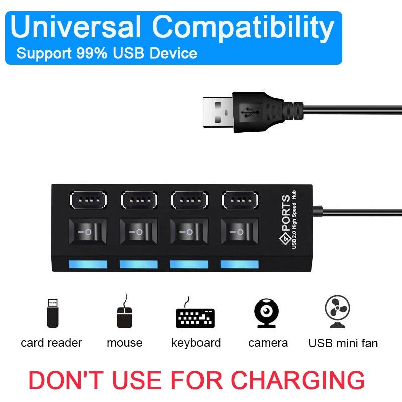 High Speed 4/7 Ports USB HUB 2.0 Adapter Expander Multi USB Splitter Multiple Extender with LED Lamp Switch for PC Laptop - EverPeak storeeverpeakstore