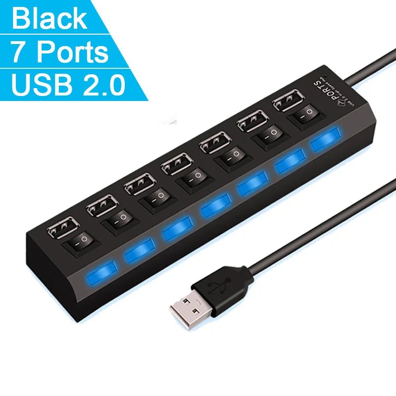 High Speed 4/7 Ports USB HUB 2.0 Adapter Expander Multi USB Splitter Multiple Extender with LED Lamp Switch for PC Laptop - EverPeak storeeverpeakstore